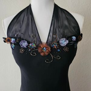 Vintage Nine West whimsigoth black halter midi dress w/ floral beaded details